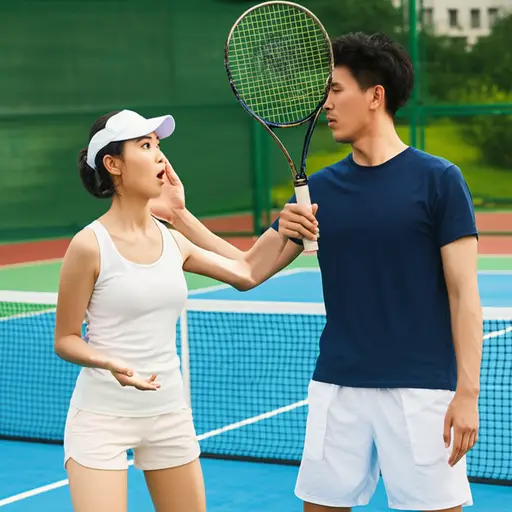 她用网球拍打了他的头。