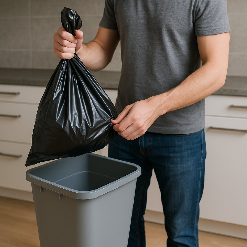 他在换垃圾袋。