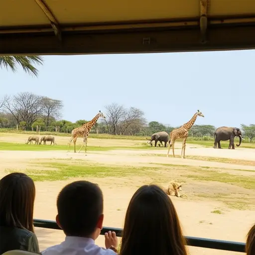 我们在野生动物园看到了大象、长颈鹿和狮子。
