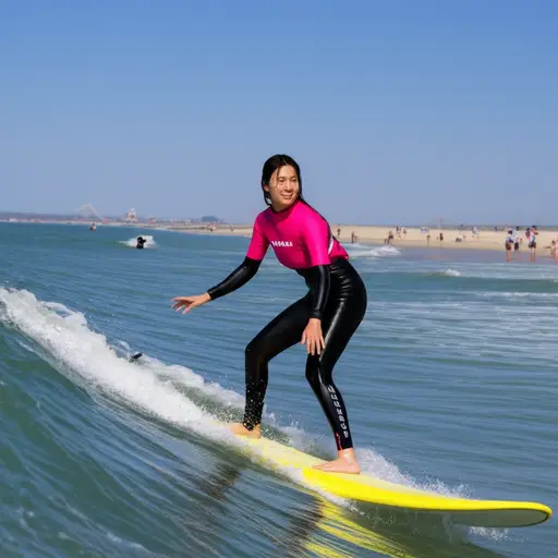 她周末喜欢去海边冲浪。