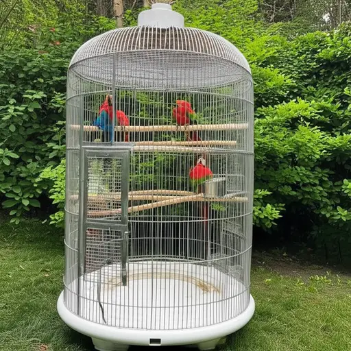 那里有一个很棒的花园，你能看到一个笼子里关着许多色彩斑斓的鹦鹉。