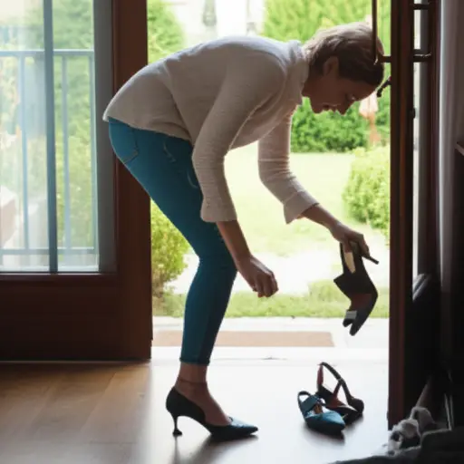 她出门前穿上鞋子。