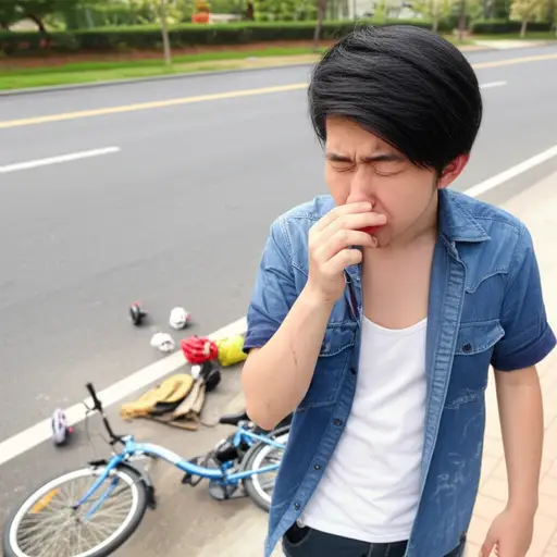 事故后，他鼻子流血了。