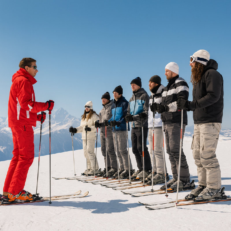 教练正在给学生们讲解滑雪技巧。