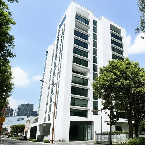 我朋友住在街角的那栋白色公寓楼里。