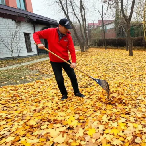 他正在院子里耙树叶。