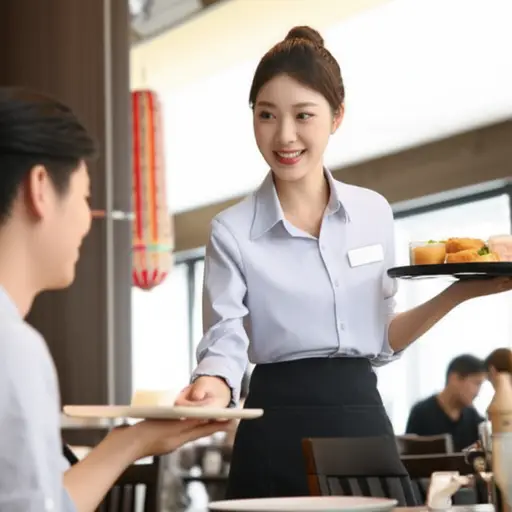 我姐姐在一家餐厅当服务员。