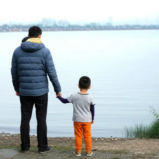 一个男人带着一个小男孩站在水边。