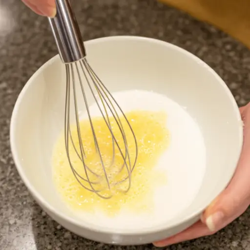 将鸡蛋慢慢加入黄油和糖的混合物中。