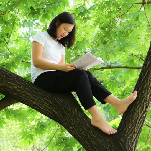 她坐在一根粗壮的树枝上看书。