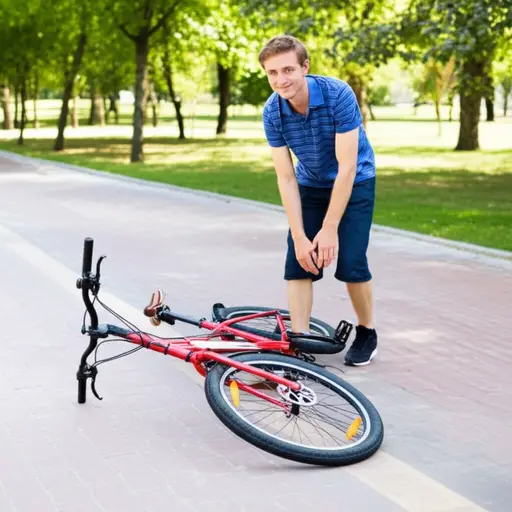 他骑自行车时摔倒了，但幸运的是这只是个小意外。