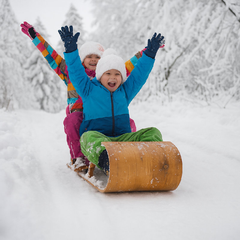 孩子们在雪地里玩得很开心，他们正在滑雪橇。