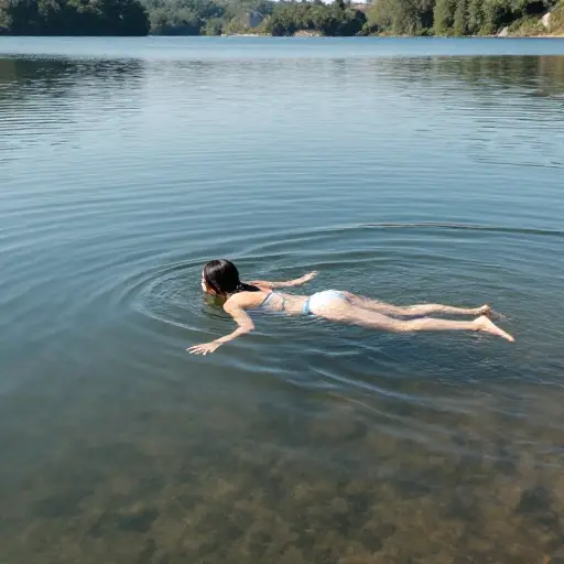 她潜入湖中静止的水里。