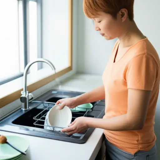 我妈妈正在厨房的水槽里洗碗。