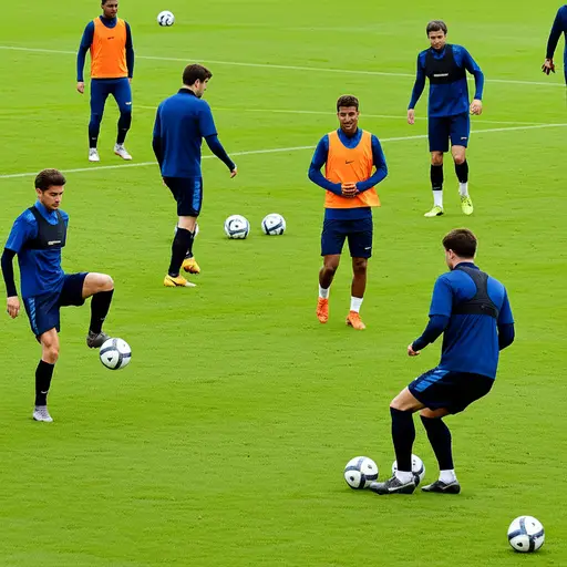 球队在足球场上训练。