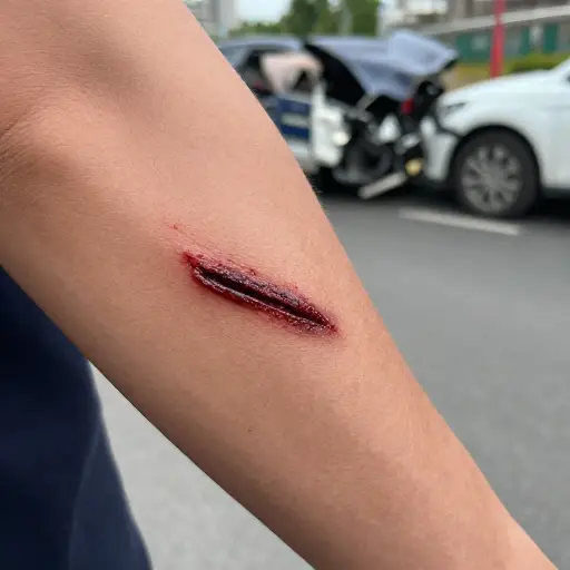 他在事故中受了一个很深的伤口。