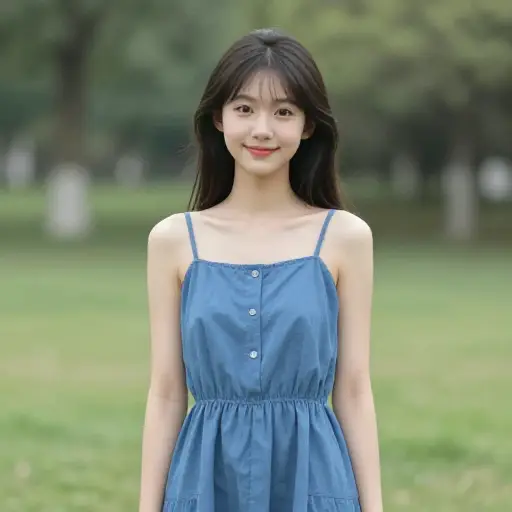 我妹妹穿着一条蓝色的裙子。