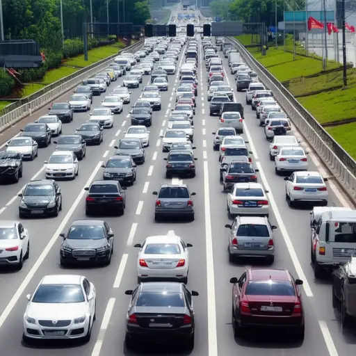 这条路很宽，有很多车。