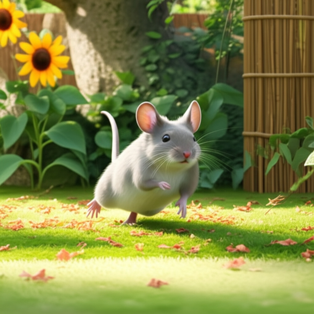 我看到一只老鼠在花园里跑。