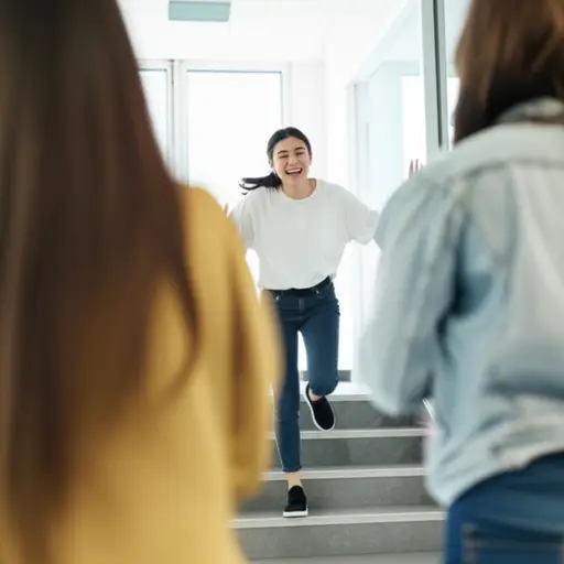 她跑下楼去迎接她的朋友。