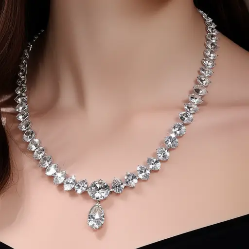 她戴着一颗璀璨的钻石，在灯光下闪闪发光。