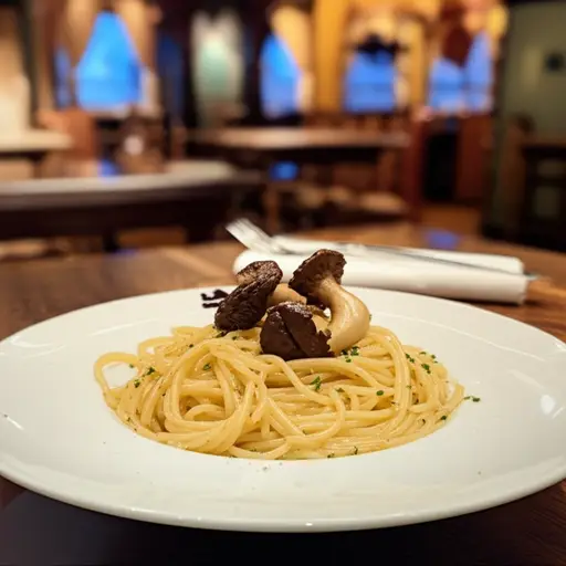 我们晚餐吃了带有野生蘑菇的意大利面。