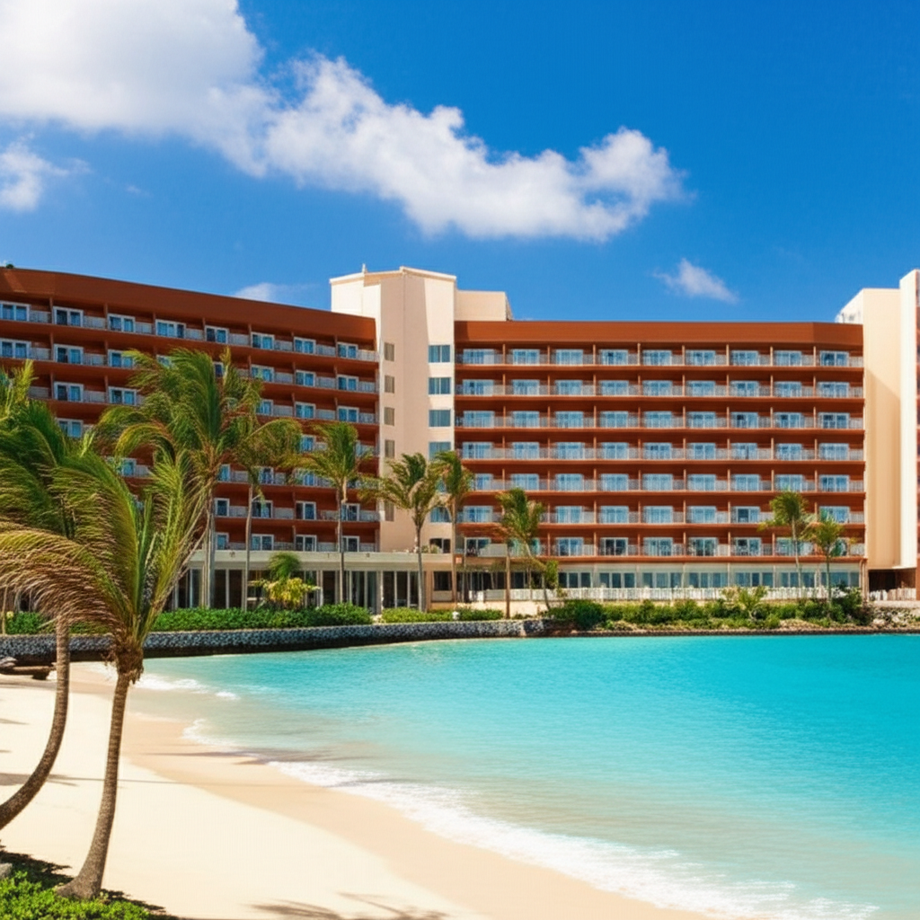 酒店坐落在海滩边上。