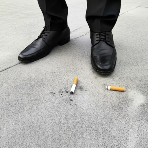 他掉了香烟，在外套上烧了一个洞。