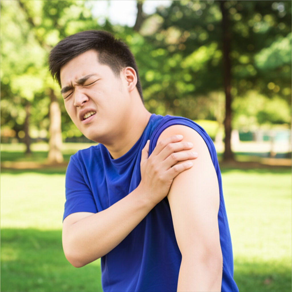 他摔倒后肩膀的韧带有点撕裂。