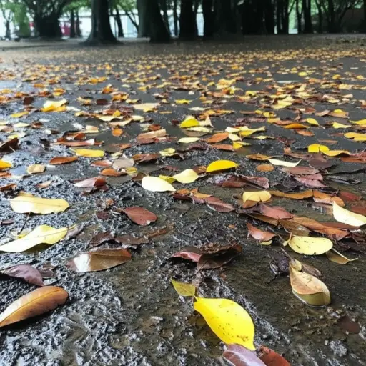 暴风雨后，地面上覆盖着树叶。