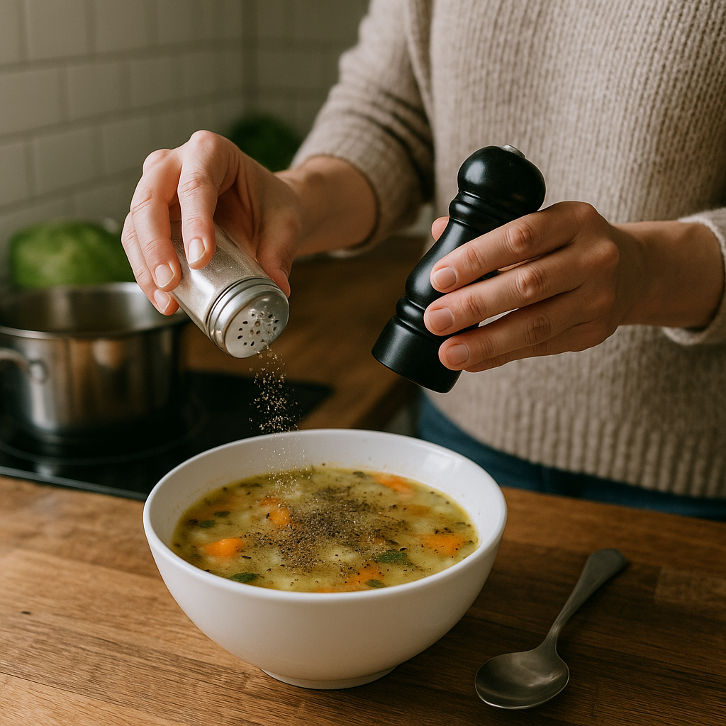 别忘了给汤调味，放点盐和胡椒。