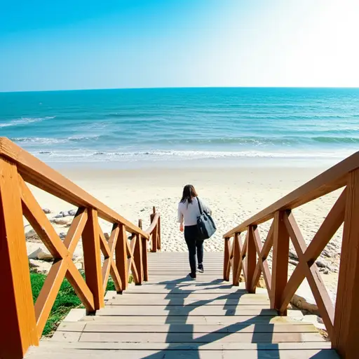 我走下四个台阶就到了海滩！