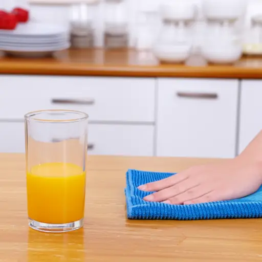 我打翻了果汁，赶紧用吸水布擦干净。