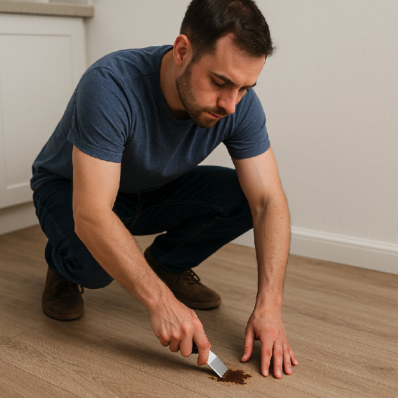 他把地板上的污渍刮掉了。