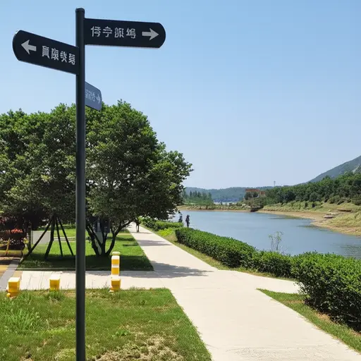 停车场边缘有指示牌，显示哪些小路通往湖泊。