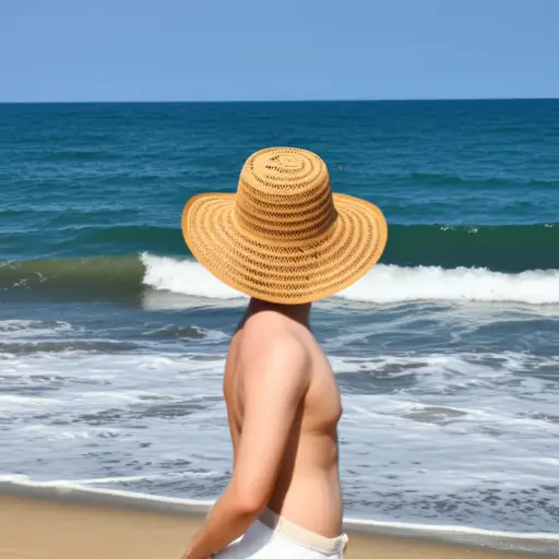 他在海滩上戴着一顶漂亮的草帽遮阳。