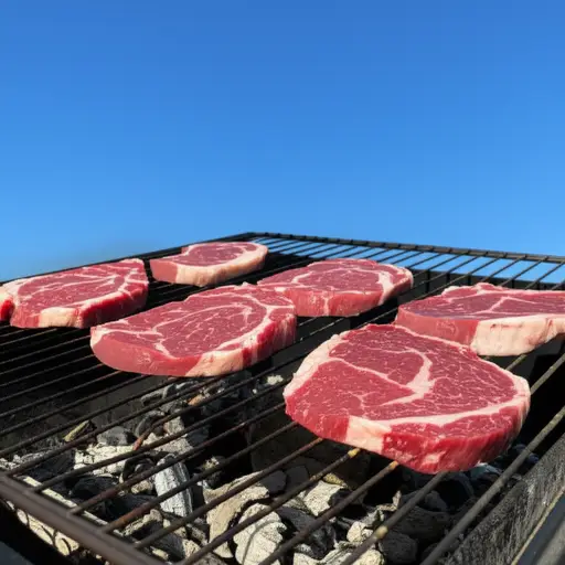 我们把牛排放在烤架上。