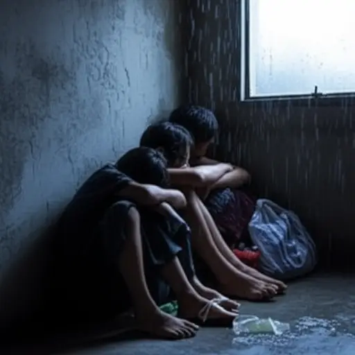 我们躲在地下室里避雨。