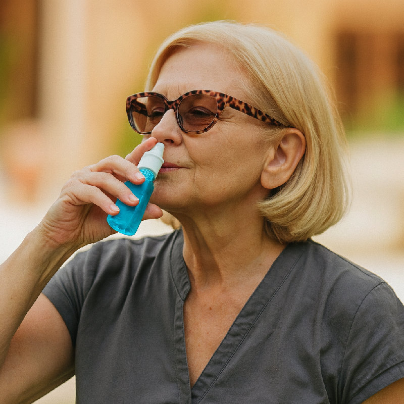 她用鼻喷雾来缓解鼻塞。