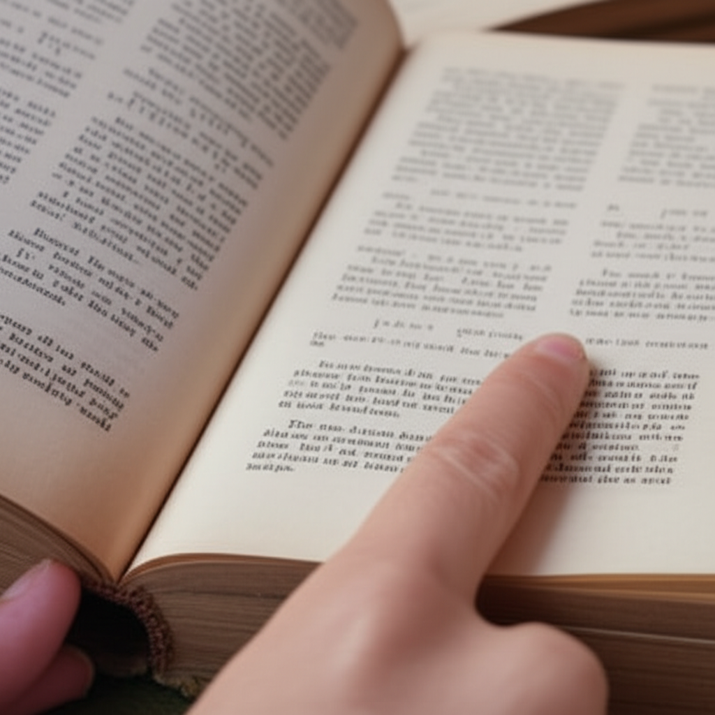 他用手指指着书上的文字。