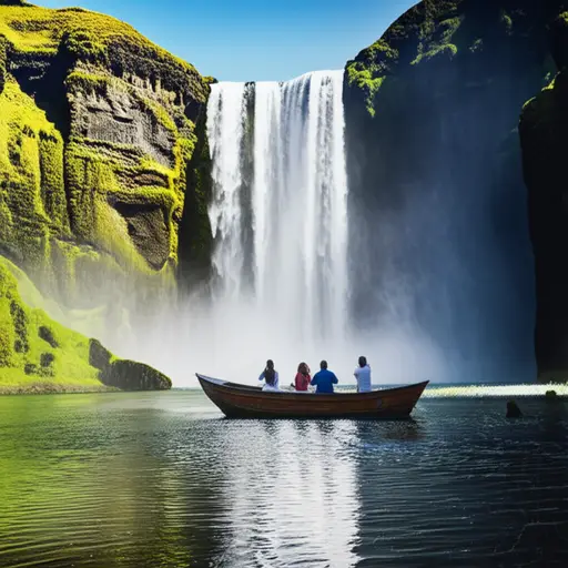 他们乘船去更近距离地观看那巨大的瀑布。