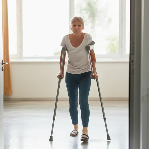 膝盖手术后，她依靠一根拐杖行走。