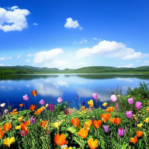 这片景色很美，有一个湖泊和许多鲜花。