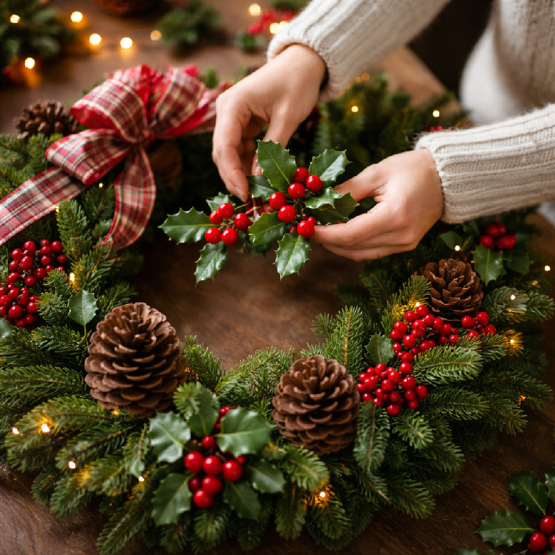 她在圣诞花环上点缀了一些冬青枝叶。