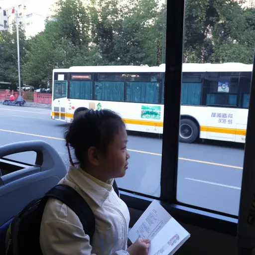 早上的公交车常常载着一个小学生去学校。