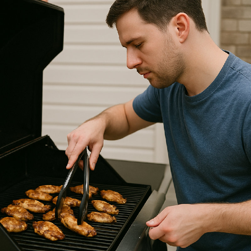 他用夹子翻烤鸡翅。
