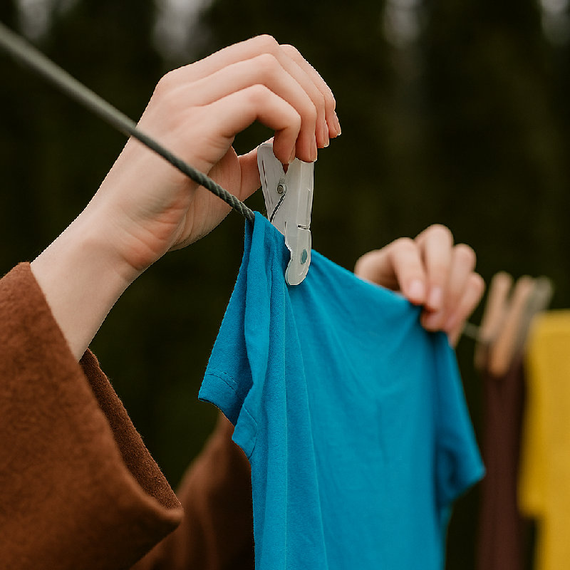 她用夹子固定衣服。