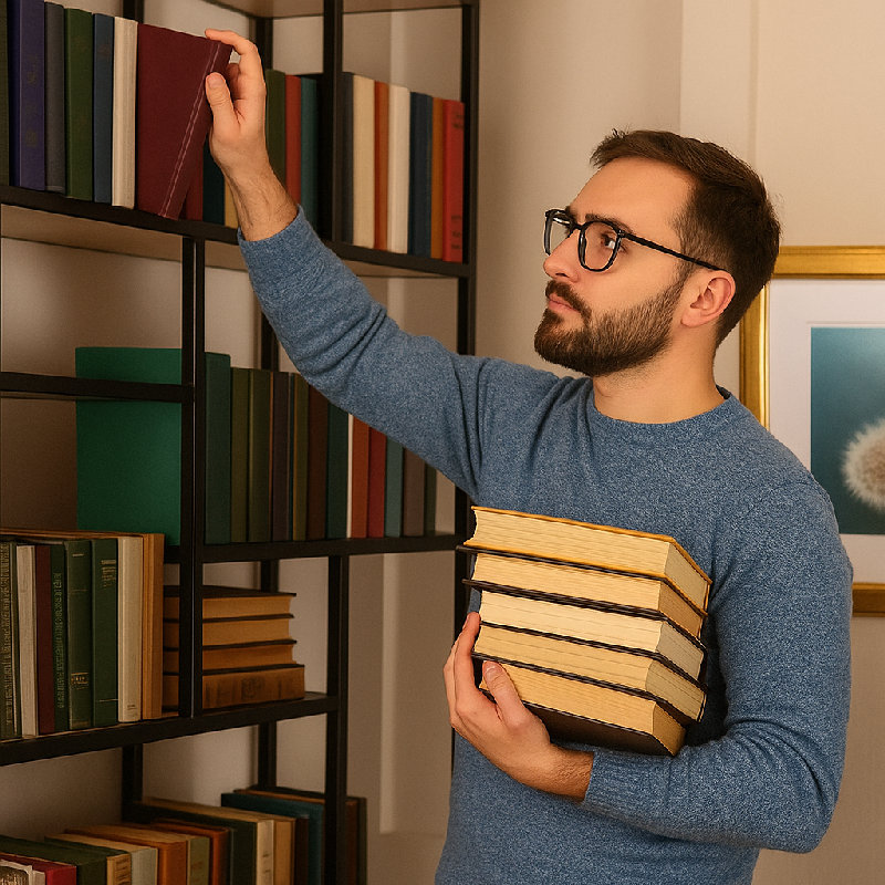 他在整理书架。