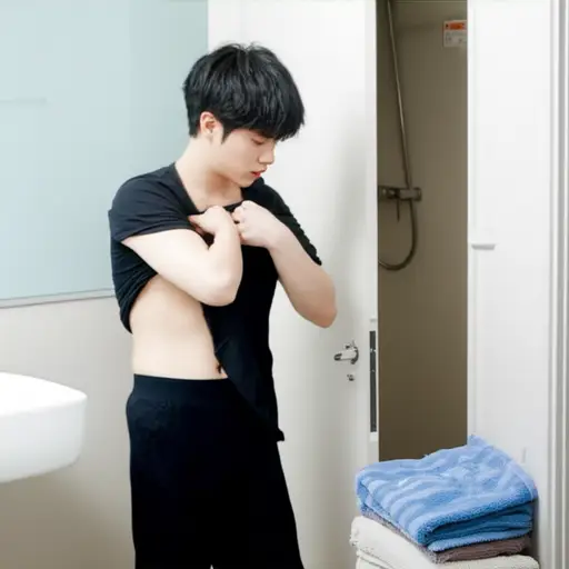 他洗澡前迅速脱了衣服。