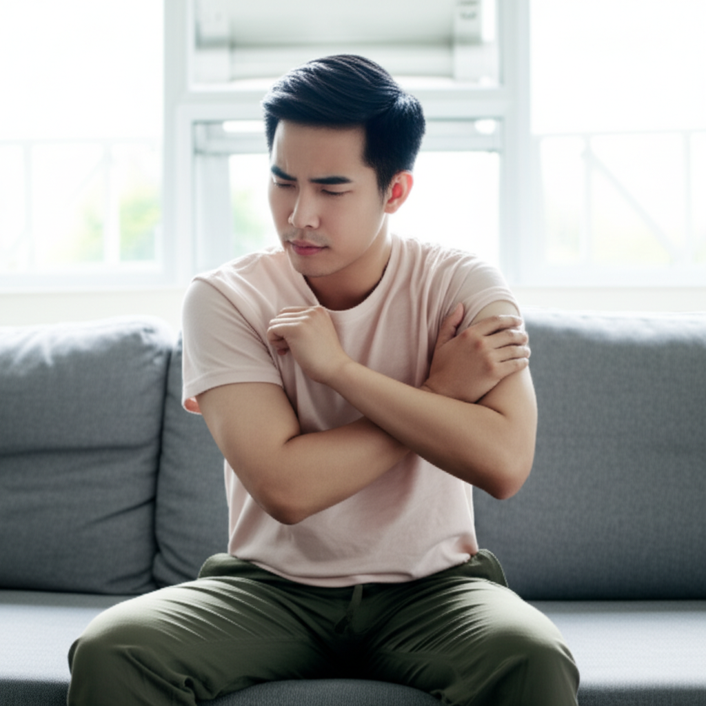 他上臂的肌肉酸痛持续了好几天。